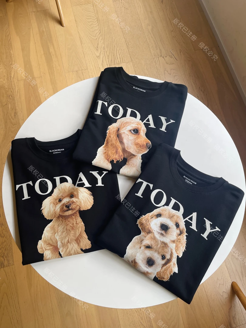 ★ 黑色小狗 ★ 50支双面长绒棉狗狗印花短袖T恤休闲百搭情侣