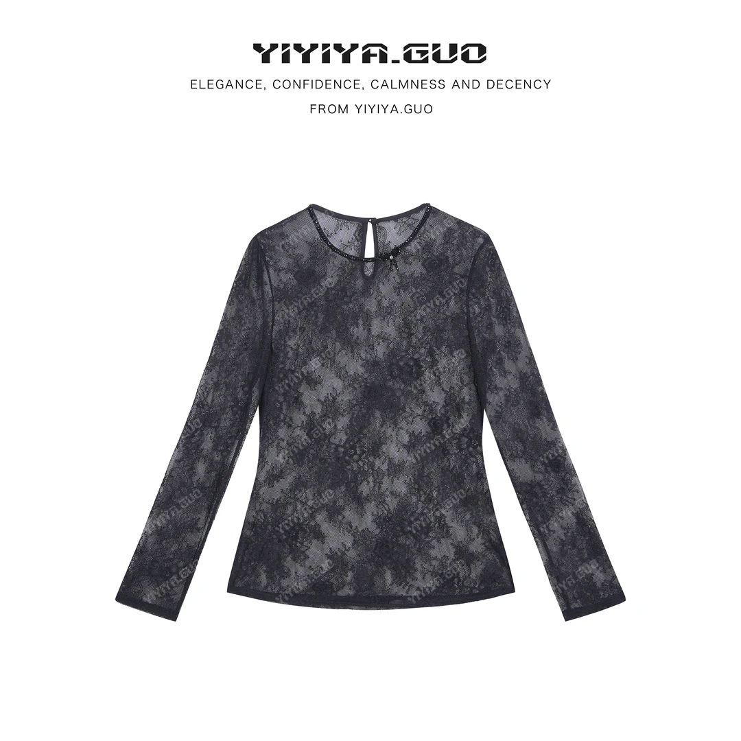 yiyiya.Guo艺艺吖【墨云】休闲百搭轻薄透气蕾丝长袖上衣2760SS52