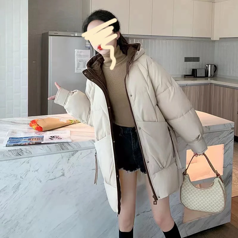 6023  复古拼色时尚中长款纯色简约保暖棉服外套（H26）