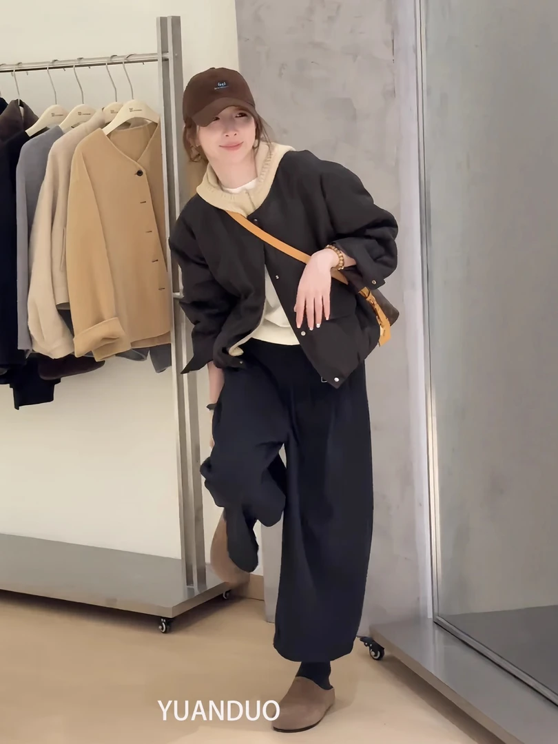 韩风chic一整套休闲百搭拼接黑色棉服外套简约阔腿休闲裤秋冬套装