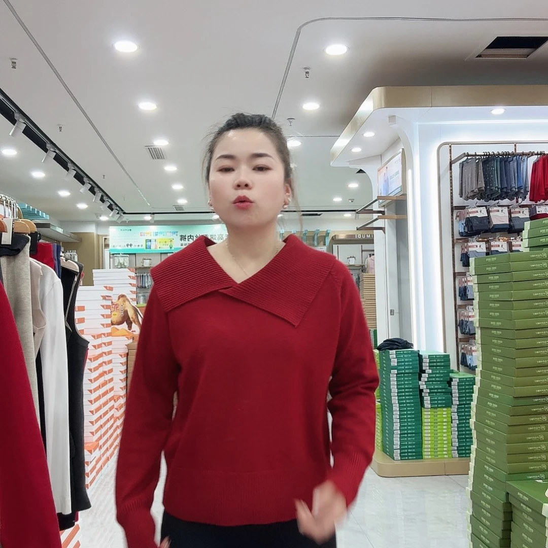 大领子红色毛衣新款