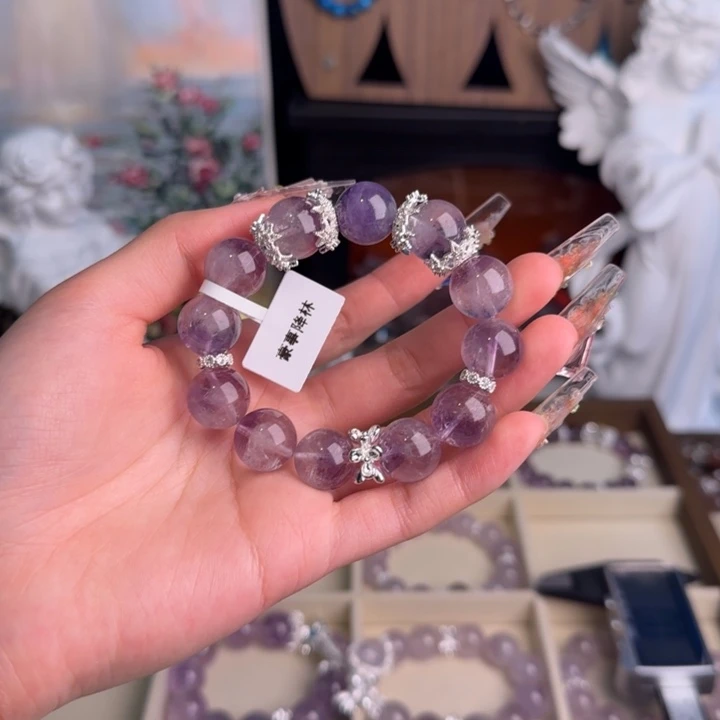 水晶手串18K金镶嵌紫兔毛