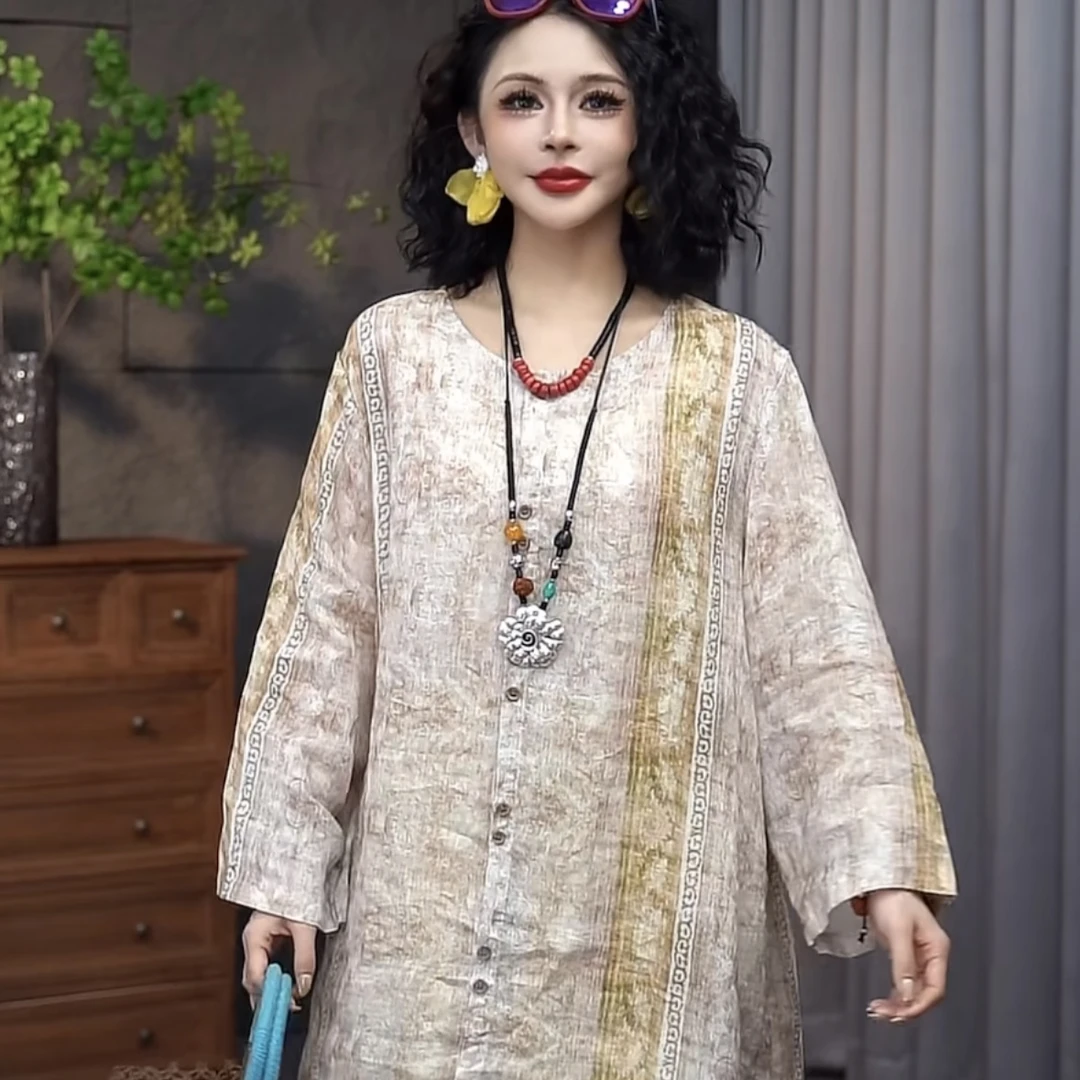 【“波西米亚”乔一推荐】2025气质百搭透气苎麻中长款女上衣26106