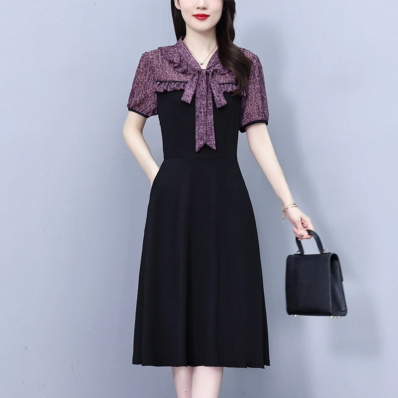 高端温柔气质蝴蝶结系带连衣裙夏季时尚洋气大码妈妈装显瘦中长裙