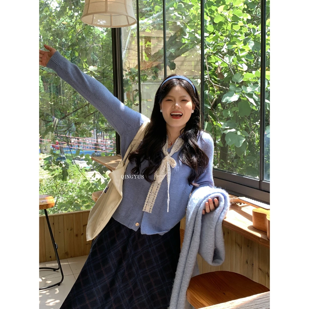 青屿衫-微胖秋季温柔风毛针织开衫显瘦蕾丝蝴蝶绑带大码女装淑女