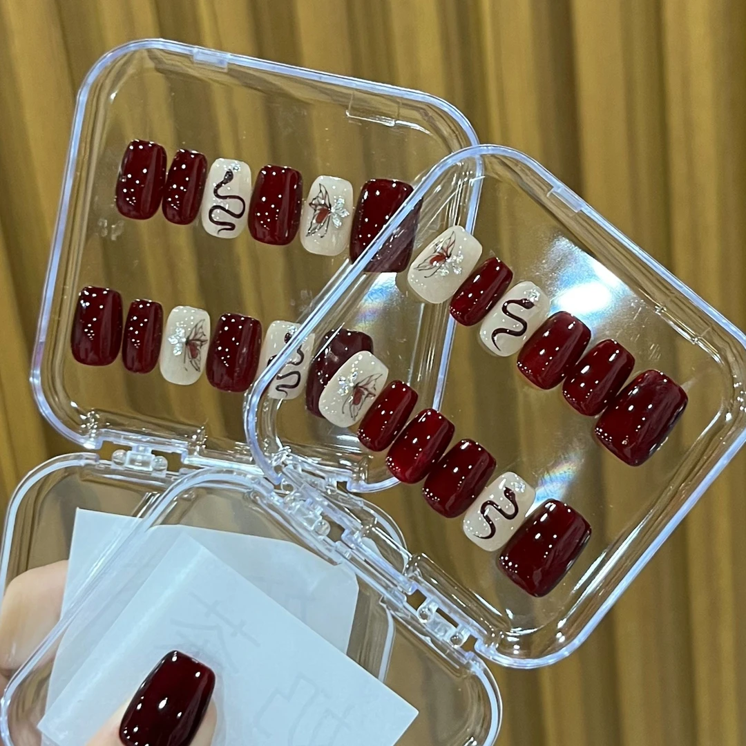 【奶茶】透黑红小蛇热卖爆款纯手定制工穿戴甲可拆卸美甲成品甲片