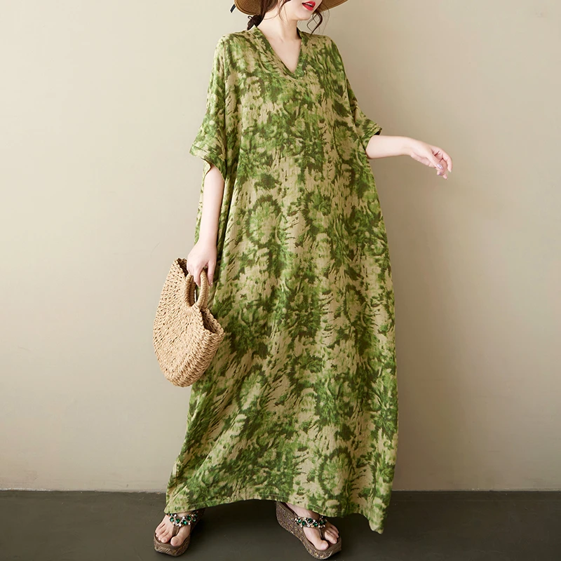 大码宽松显瘦洋气长裙文艺复古V领印花撞色连衣裙女2025夏季新款