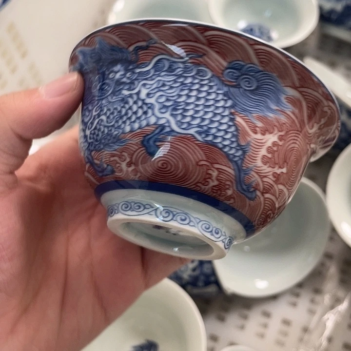 瓷片景德镇麒麟踏浪压手杯