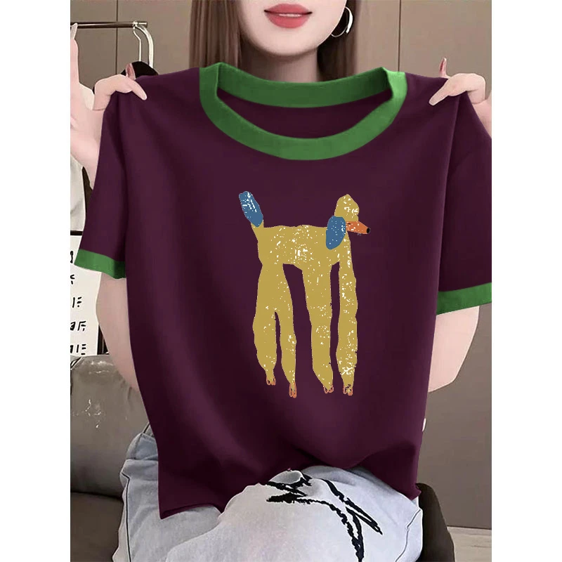 小众不撞款正肩拼色短袖t恤女时尚百搭减龄洋气紫色上衣2025夏季