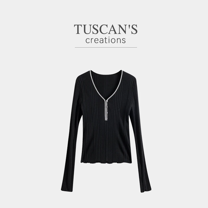 TUSCAN'S CREATIONS毛衣时尚毛针织衫薄款收腰针织修身V领女开衫