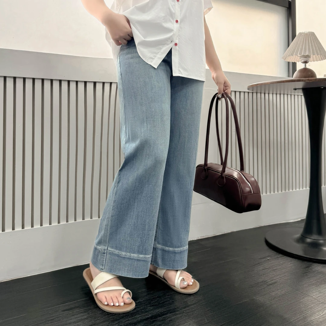 K9845大码女装【潇洒牛仔裤】胖mm复古夏季高腰显瘦直筒休闲阔腿裤