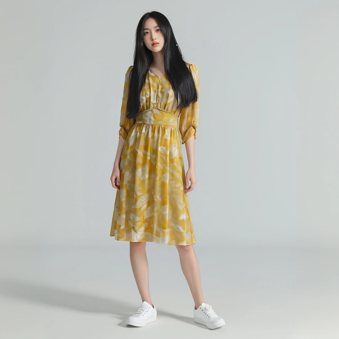 CMYG 8855 夏季新款气质法式七分袖V领黄色印花海边度假连衣裙女