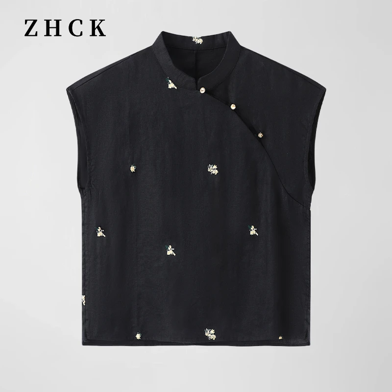 ZHCK重工刺绣国风上衣2025夏季新款时尚设计感麻无袖百搭上衣女