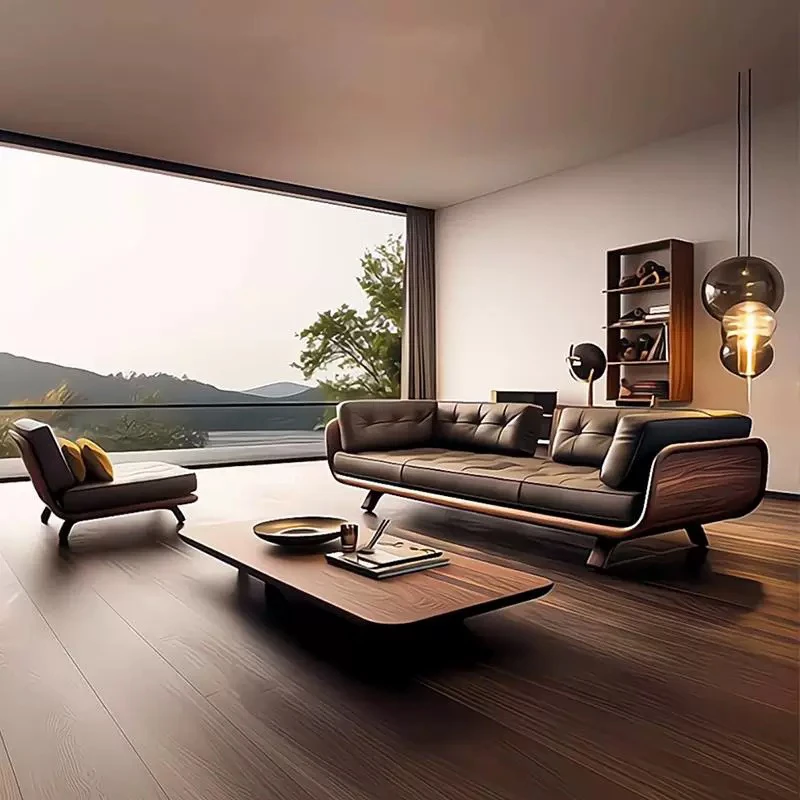 新中式实木真皮高级感沙发家用客厅北美黑胡桃木直排轻奢三人位