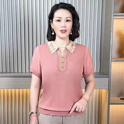 中老年女装妈妈装夏季新款翻领短袖气质时尚母亲节服装宽松洋气