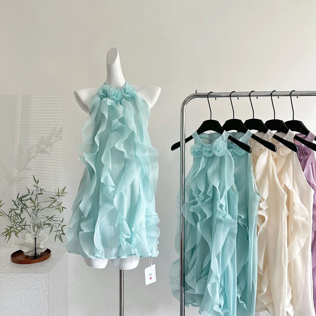 立领无袖法式百褶裙常规连衣裙夏装时尚洋气夏季露肩