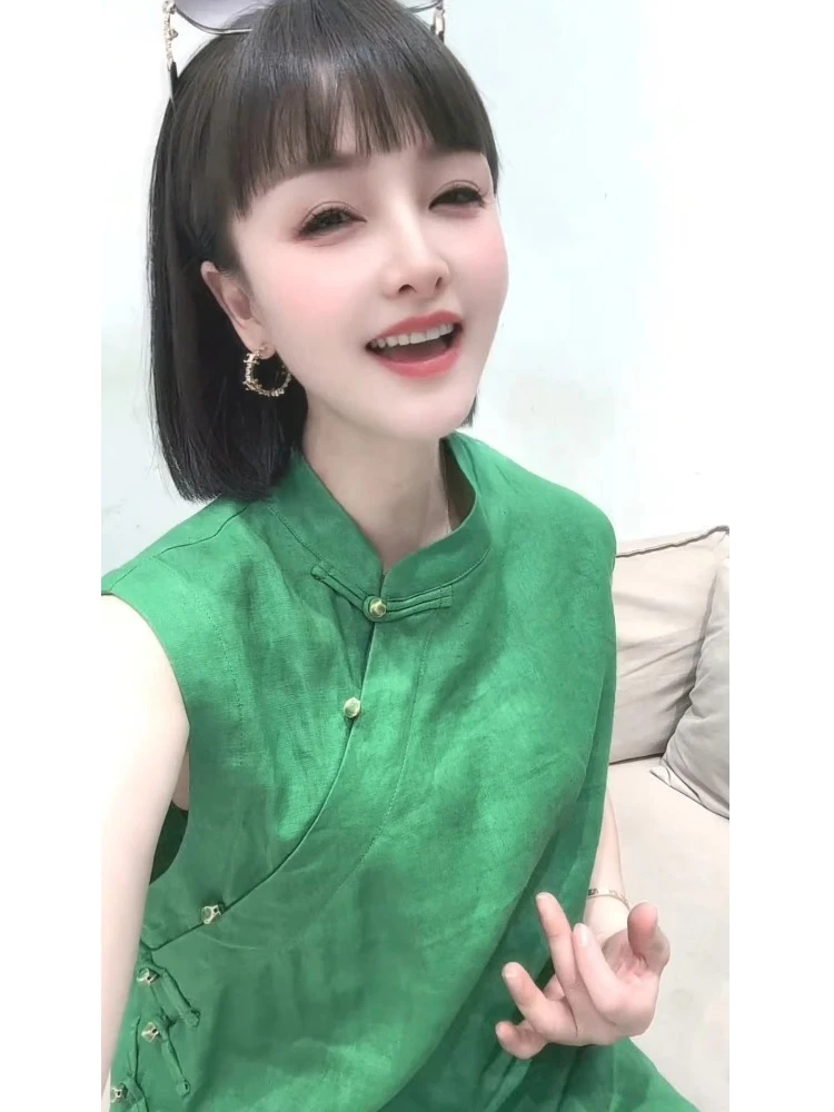 夏季多巴胺穿搭上衣洋气减龄超火新中式国风佛系禅意绿色盘扣衬衫