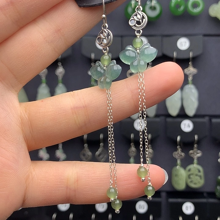 翡翠耳饰银S925镶嵌小*五55556