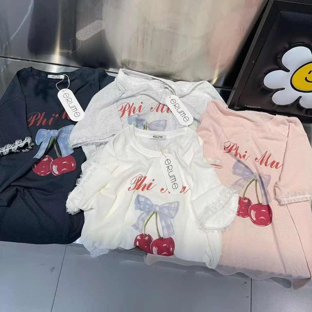 158的小肥 | “蕾丝樱桃”韩女必冲！麻棉透气吸汗百搭短袖