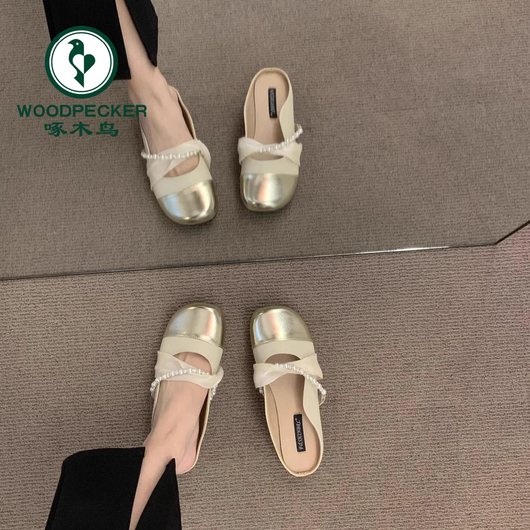啄木鸟法式平底小香风包头半拖鞋女外穿2025新款春夏季晚风单鞋女