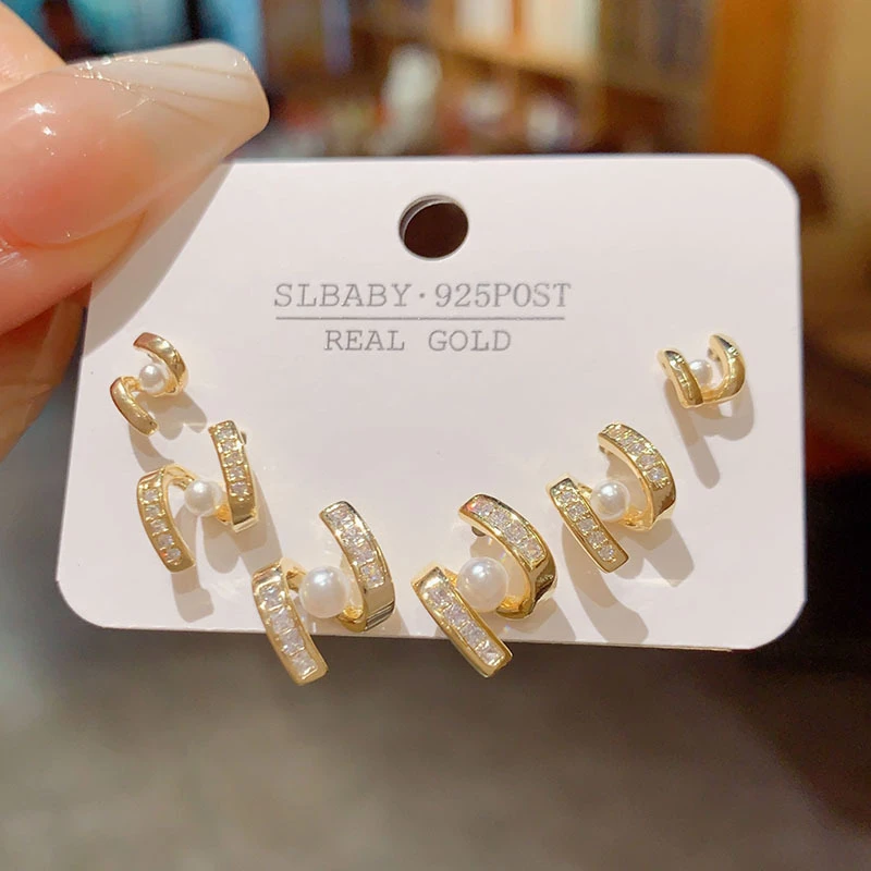 铜合金合成锆石耳饰 精致百搭锆石闪电珍珠套装耳钉小众设计感