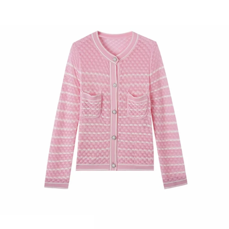 小香风气质立体镂空花纹针织开衫秋装新款显瘦长袖外套百搭上衣女