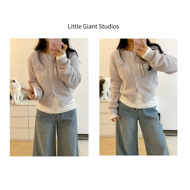 小个子复古叠穿重工钩花轻奢温柔百搭针织长袖毛衣开衫女