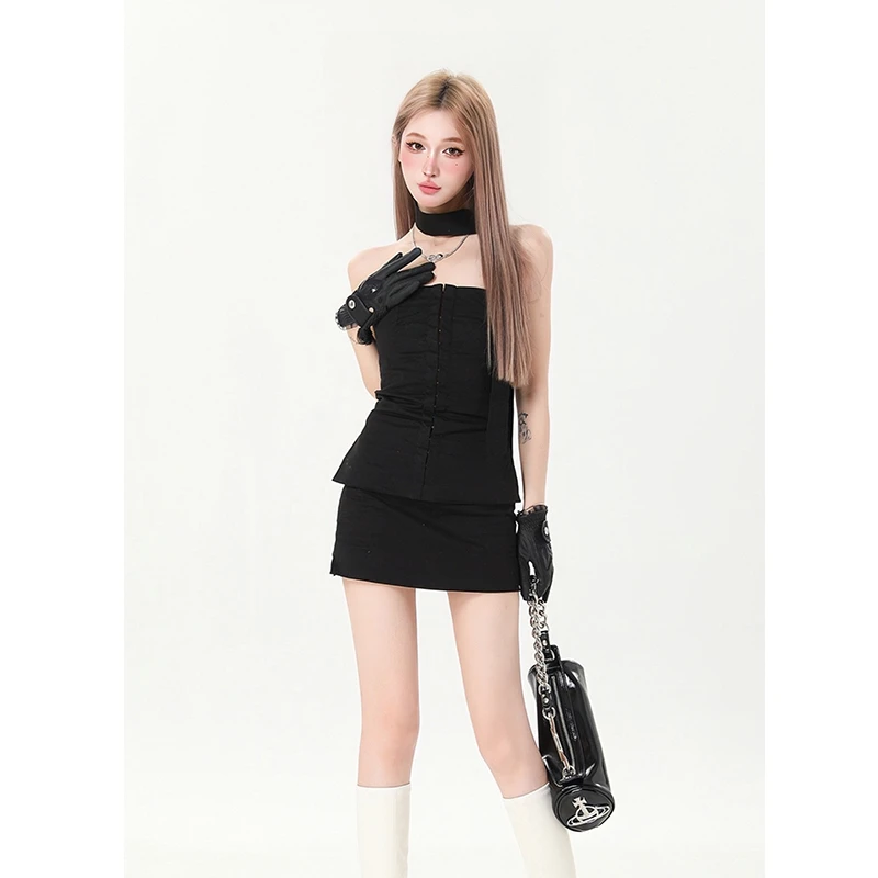 莫欣欣&（青苍现货）黑色抹胸一字肩上衣女辣妹吊带背心紧身A230046