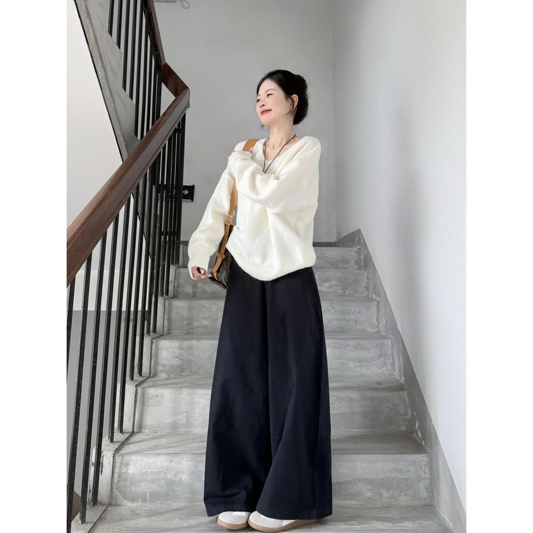 韩系慵懒风圆领简约长袖针织衫女巨好看一整套高腰休闲显瘦阔腿裤
