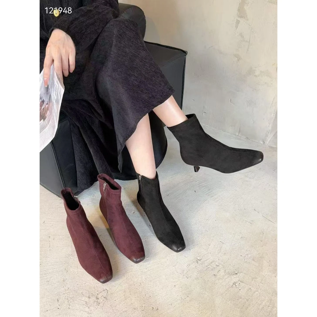 一L秋冬新款韩版通勤瘦瘦简约粗跟裸靴短靴1158-1(薄绒)