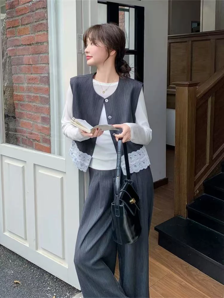 东大门高品质蕾丝拼接阔腿裤休闲显瘦马甲三件套