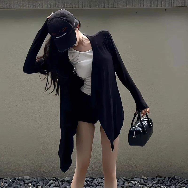 不规则下摆黑色针织外套女夏季2025年新款披肩外搭中长款百搭上衣