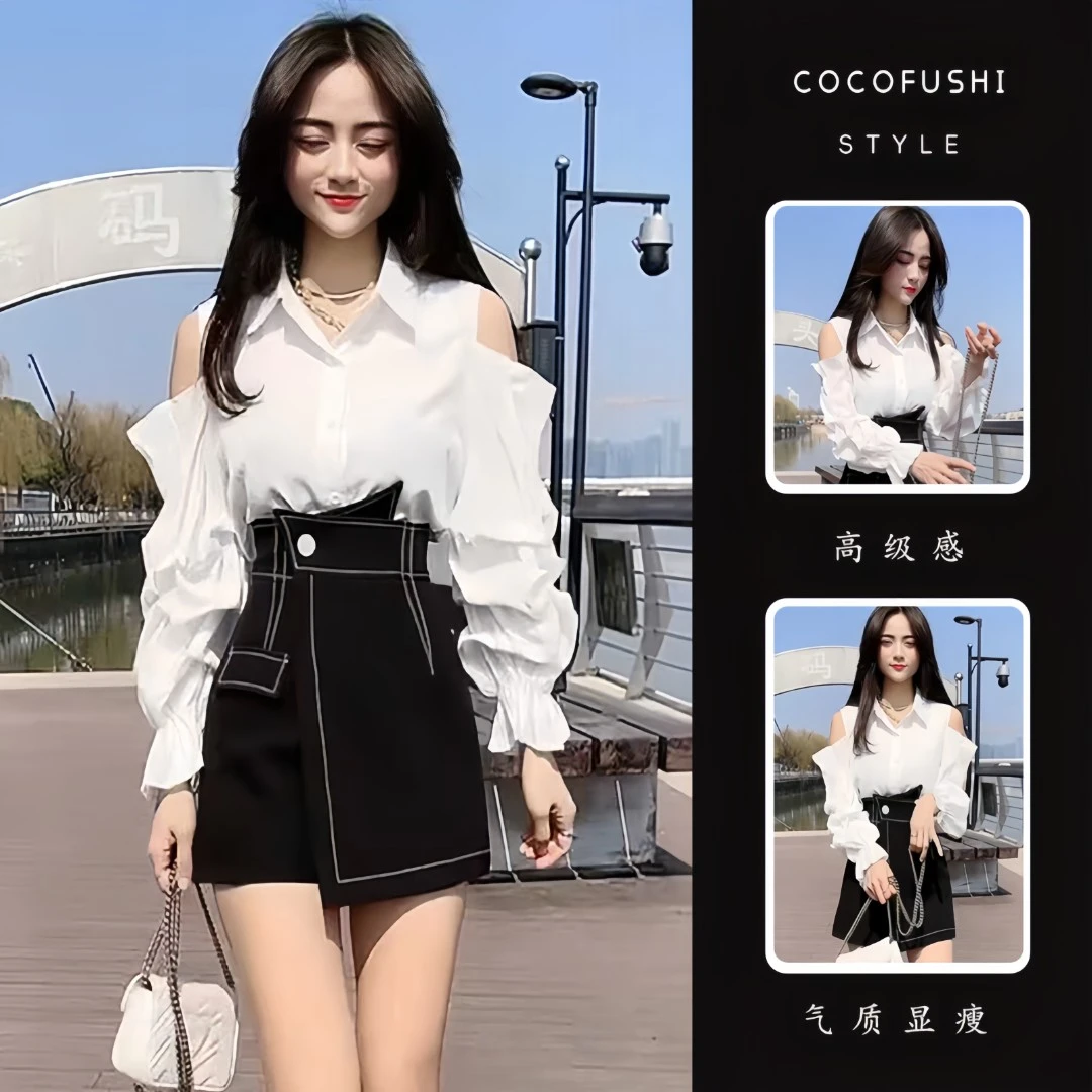 2025春季新款女装高级设计感白色衬衫薄款不规则高腰短裙裤两件套
