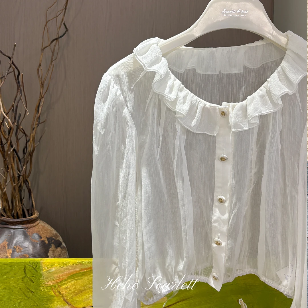 你的呵呵 苏黎白月光 琥珀流光法式双层荷叶领微透防晒短款衬衫