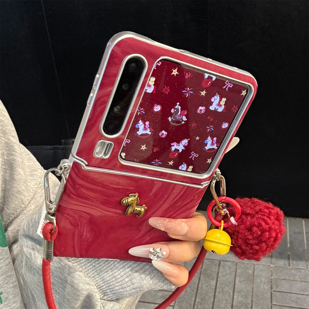 适用华为purax典藏版手机壳红色皮质pocket2水波纹立体铜马手绳女