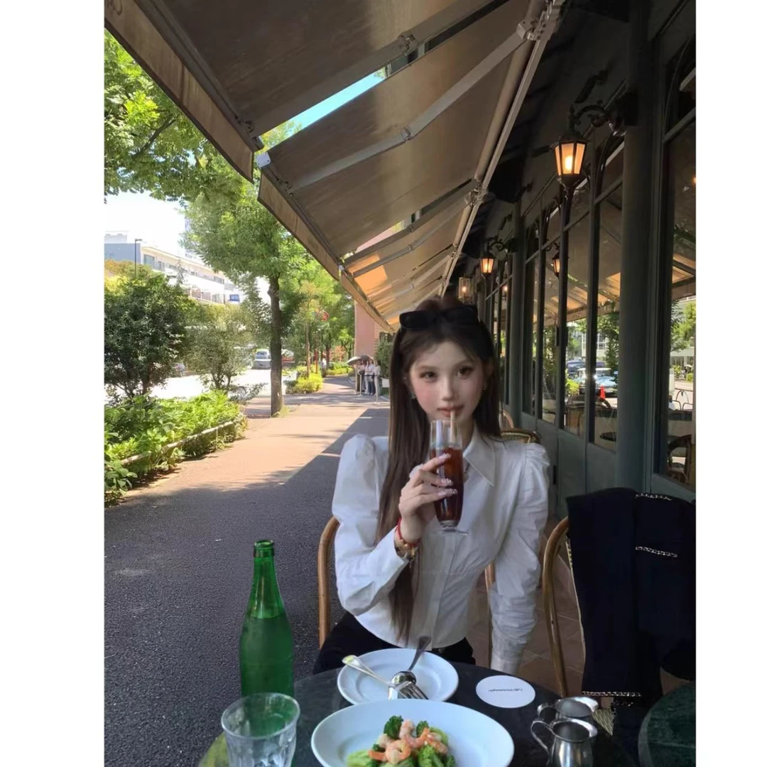 曼曼【牛津学姐】气质polo领泡泡袖长袖衬衫上衣3618-1#