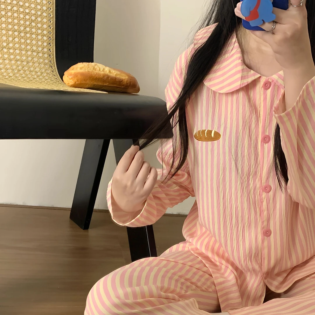 ins风甜美条纹长袖睡衣女春秋款2025新款开衫长裤家居服套装外穿