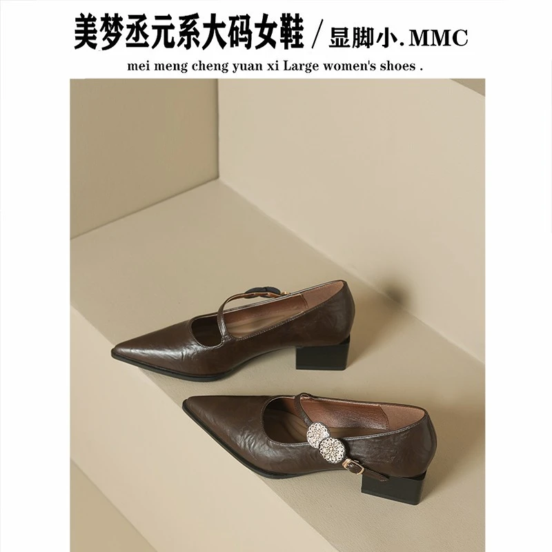 法式棕色尖头粗跟玛丽珍鞋女气复古质百搭小皮鞋一字扣带通勤单鞋