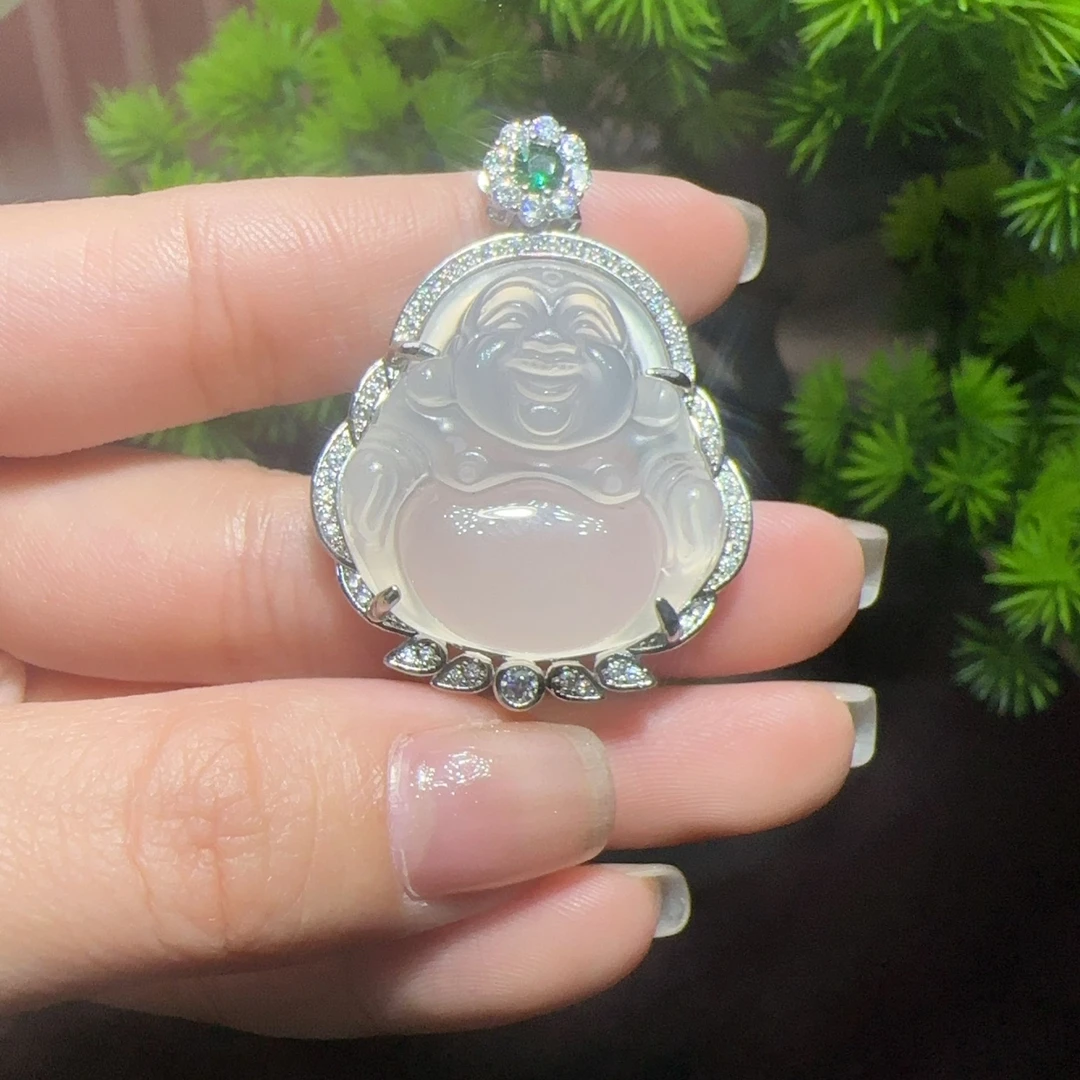 天然玉石高冰佛公吊坠项链女