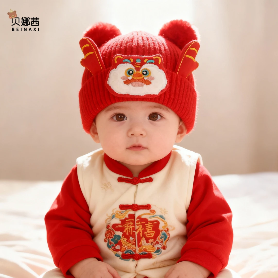 Beinaqian/贝娜茜婴儿帽子秋冬季宝宝红色周岁拜年过年洋气毛线帽