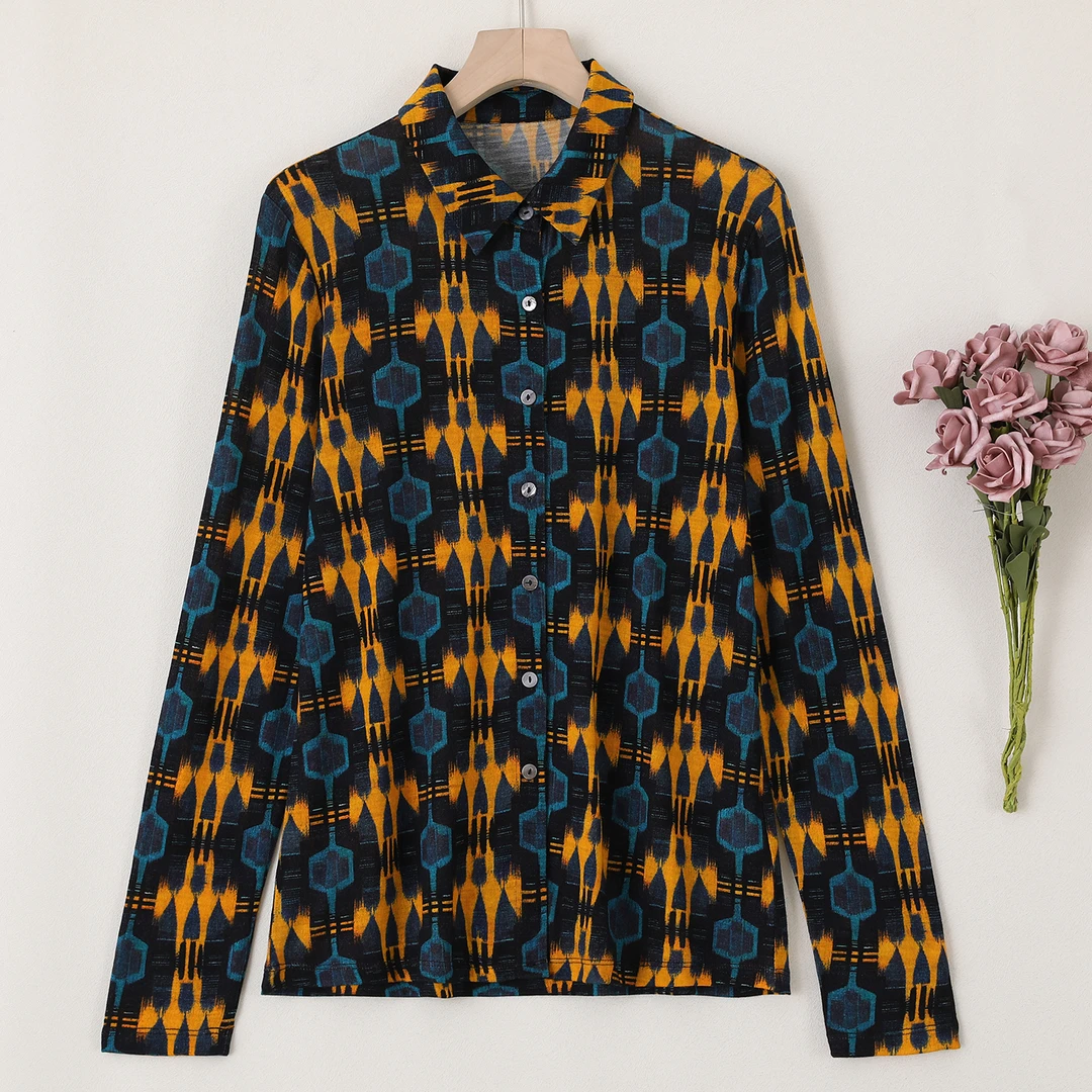 LANZIBES/蓝之蓓绵羊毛针织开衫女翻领长袖印花洋气小衫C5346