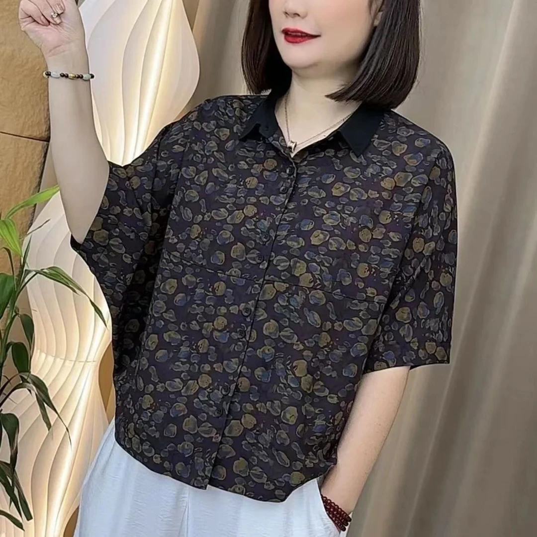 百搭时尚印花雪纺衬衫洋气漂亮妈妈装夏季宽松显瘦翻领衬衫上衣女
