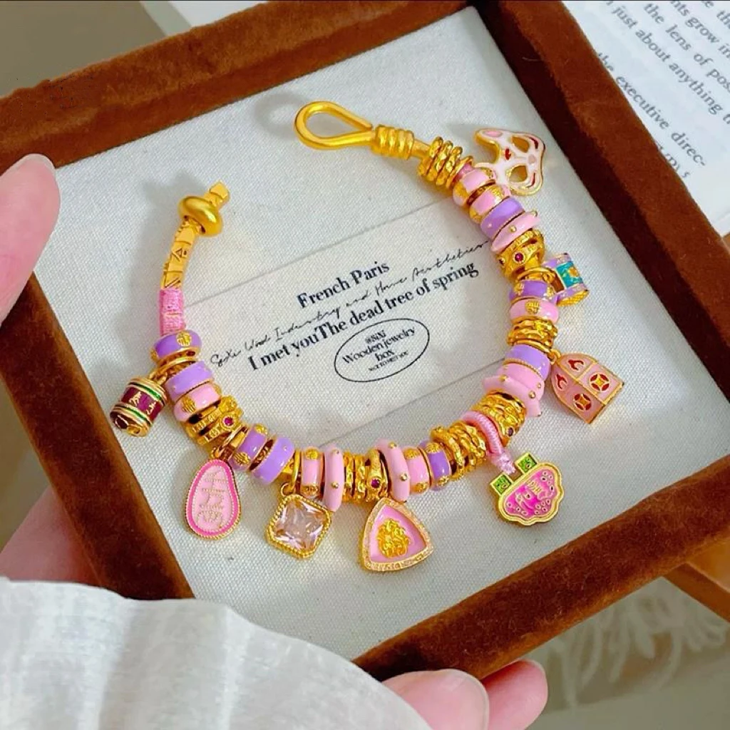 铜合金手镯 新中式如意锁狐狸面具盘缠手镯粉色多宝吉言镯子女