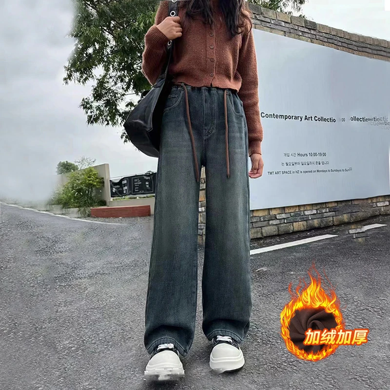 女童加绒保暖牛仔裤2025冬季新款中大童宽松洋气阔腿裤宽松直筒裤