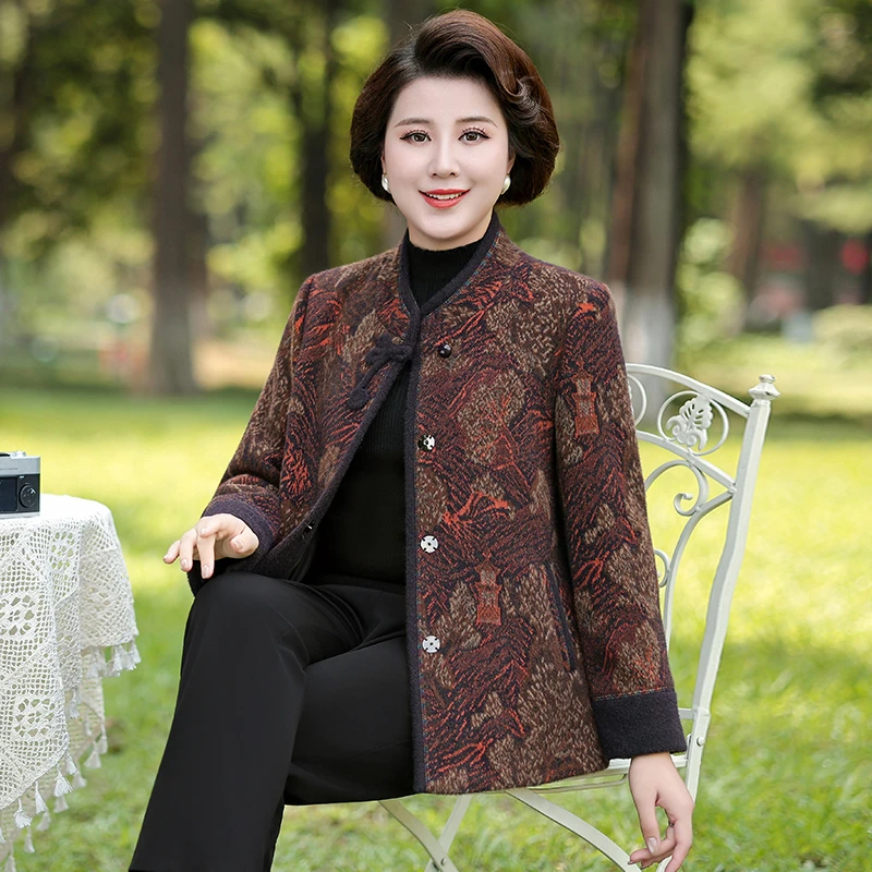 华太太新中式中老年秋冬新款呢子上衣高贵洋气妈妈保暖女装D5108