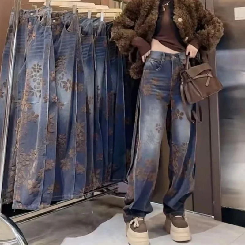 冬季时尚百搭显瘦宽松阔腿裤子美式复古提花加绒高腰直筒牛仔裤女