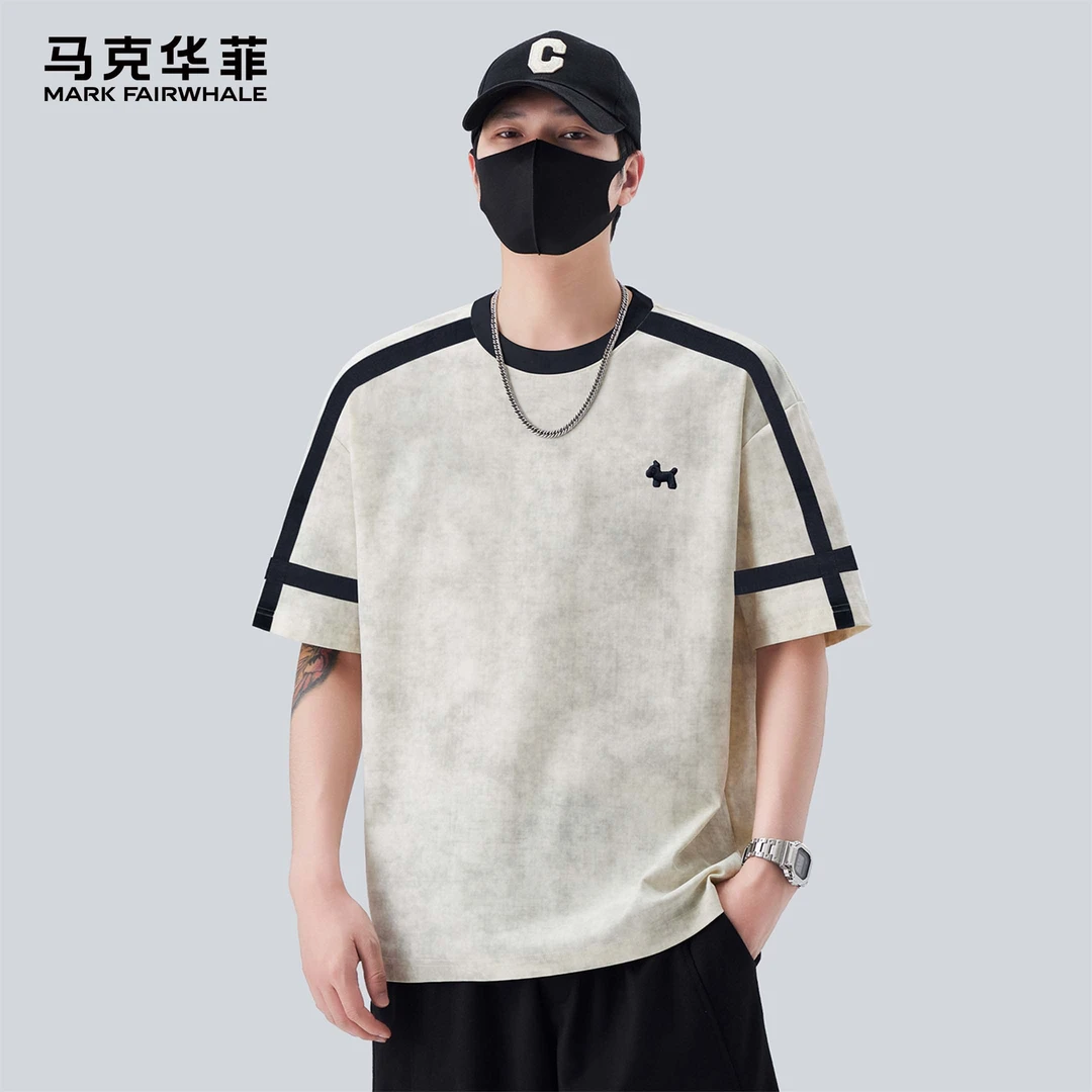 MARK FAIRWHALE/马克华菲潮牌扎染撞色刺绣男士短t夏季薄款短袖T