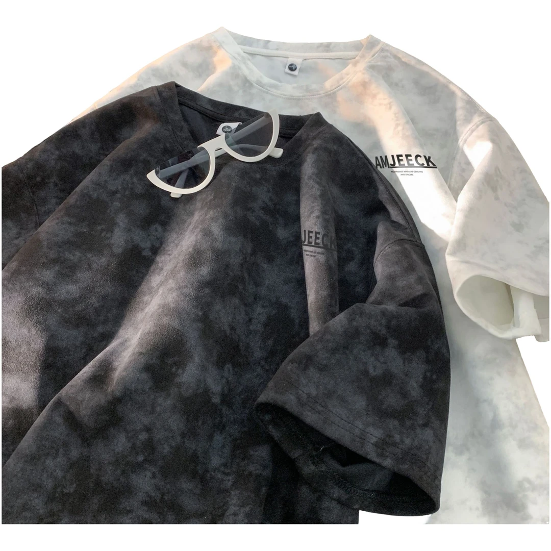 加肥大码300斤美式简约潮流扎染纯棉短袖t恤男女半袖宽松显瘦上衣