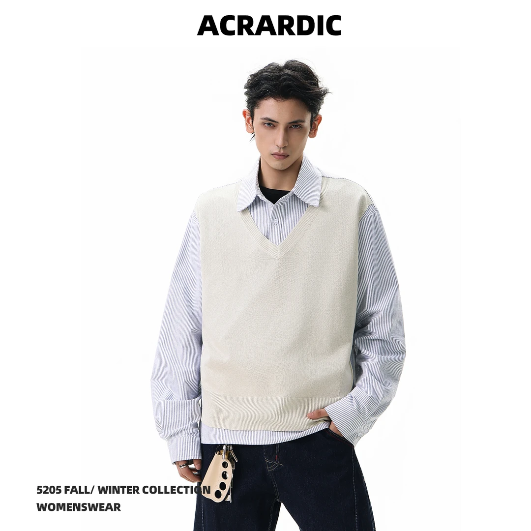 ACRARDIC老钱风条纹针织假两件长袖衬衫男美式高智感宽松拼接衬衣