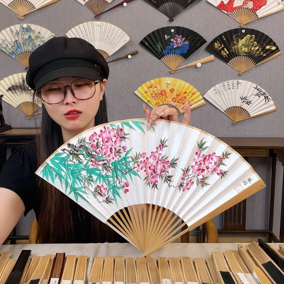 国画95寸玉竹-纯手绘-文玩扇骨（默认粘好）